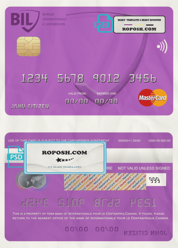 Canada Internationale pour le Centrafrique bank mastercard template in PSD format, fully editable