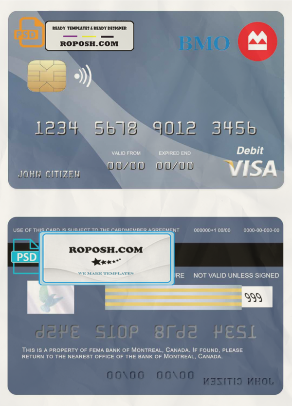 Canada Montreal bank visa card template in PSD format, fully editable scan effect