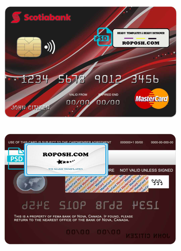 Canada Nova bank mastercard template in PSD format, fully editable