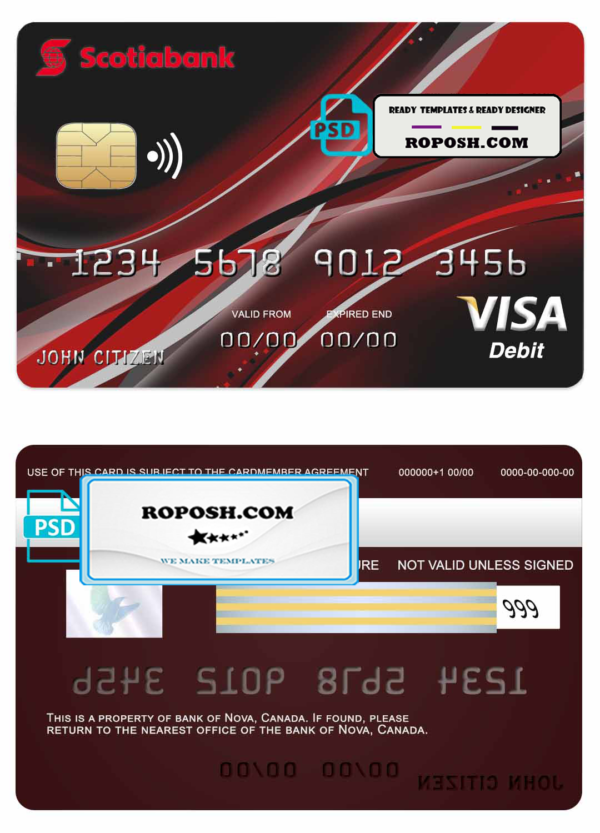Canada Nova bank visa card template in PSD format, fully editable