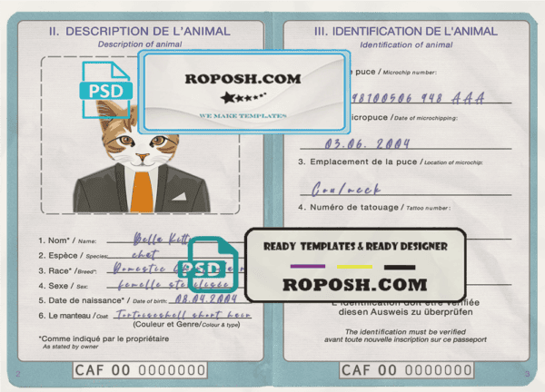 Central African Republic cat (animal, pet) passport PSD template, completely editable