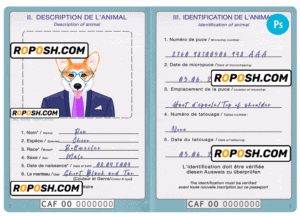 Central African Republic dog (animal, pet) passport PSD template, fully editable