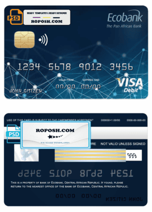 Central African Republic Ecobank visa card template in PSD format, fully editable