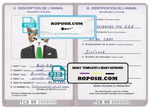 Chad cat (animal, pet) passport PSD template, fully editable