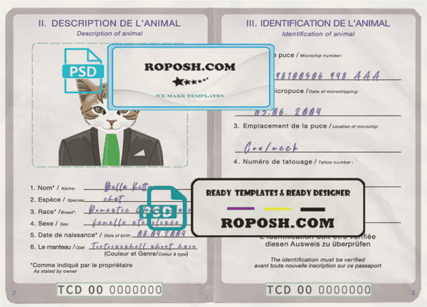 Chad cat (animal, pet) passport PSD template, fully editable
