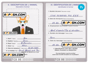 Chad dog (animal, pet) passport PSD template, completely editable