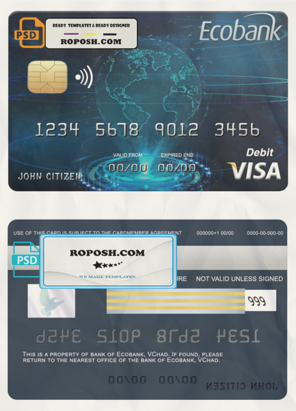 Chad Ecobank visa credit card template in PSD format, fully editable scan effect