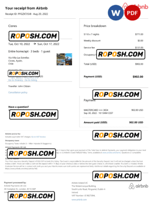 Chile Airbnb booking confirmation Word and PDF template