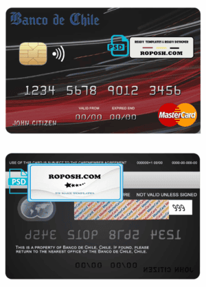Chile Banco de Chile bank mastercard credit card template in PSD format, fully editable