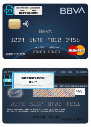 Colombia BBVA bank mastercard credit card template in PSD format, fully editable