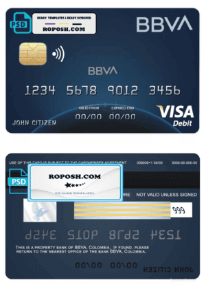Colombia BBVA bank visa debit card template in PSD format, fully editable