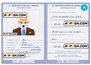 Colombia dog (animal, pet) passport PSD template, fully editable