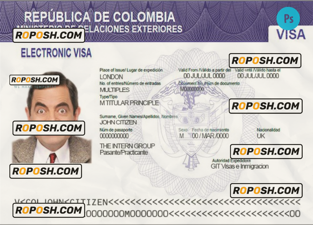 Colombia electronic visa template in PSD format, fully editable scan effect