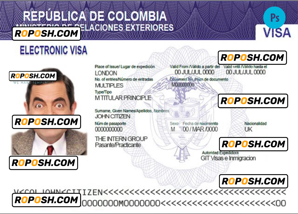 Colombia electronic visa template in PSD format, fully editable