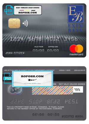Comoros Exim bank mastercard credit card template in PSD format, fully editable