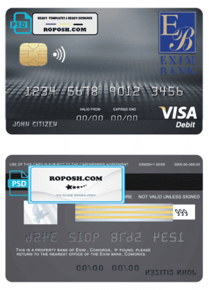 Comoros Exim bank visa debit card template in PSD format, fully editable