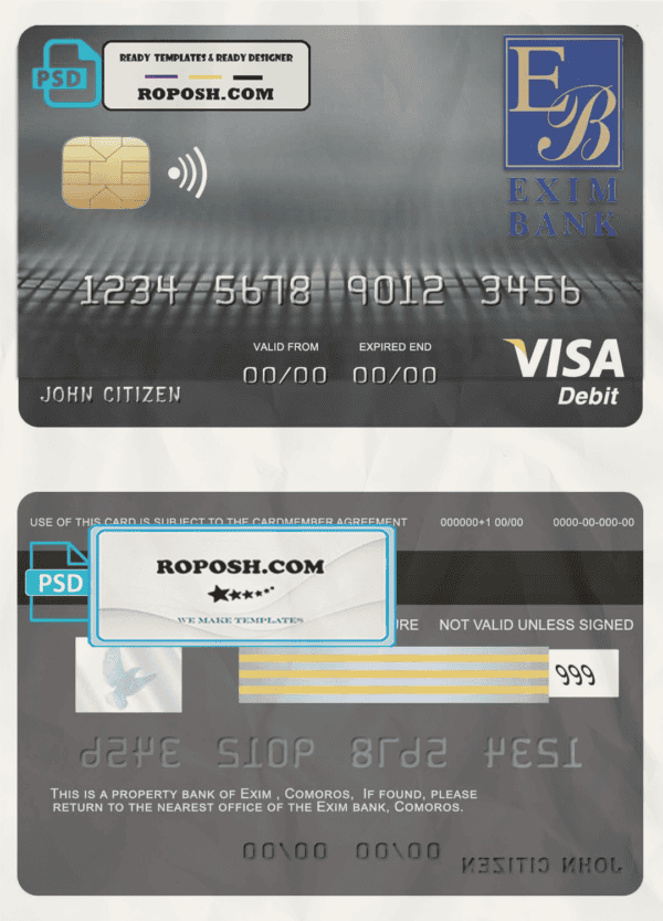 Comoros Exim bank visa debit card template in PSD format, fully editable