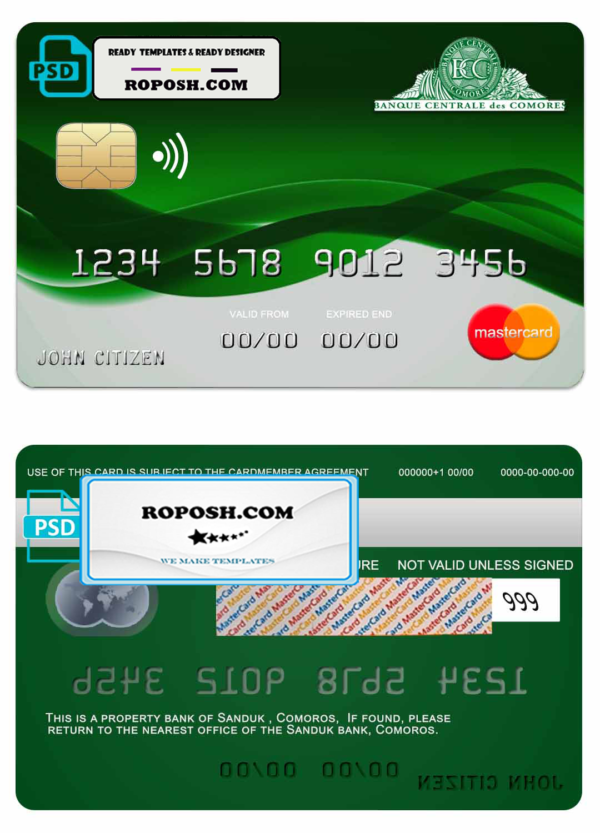 Comoros Sanduk bank mastercard credit card template in PSD format, fully editable