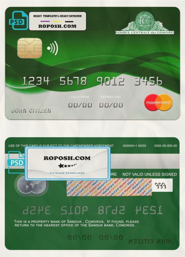 Comoros Sanduk bank mastercard credit card template in PSD format, fully editable scan effect