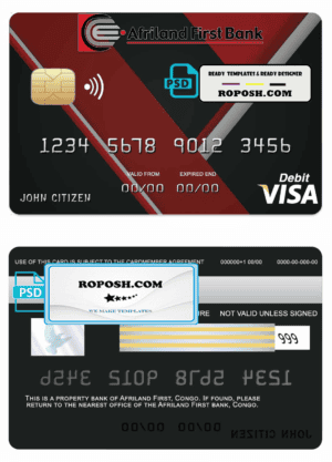 Congo Afriland First bank visa credit card template in PSD format, fully editable