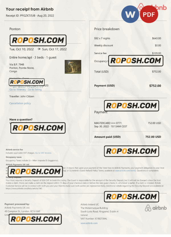 Congo Airbnb booking confirmation Word and PDF template