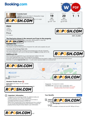 Congo hotel booking confirmation Word and PDF template, 2 pages