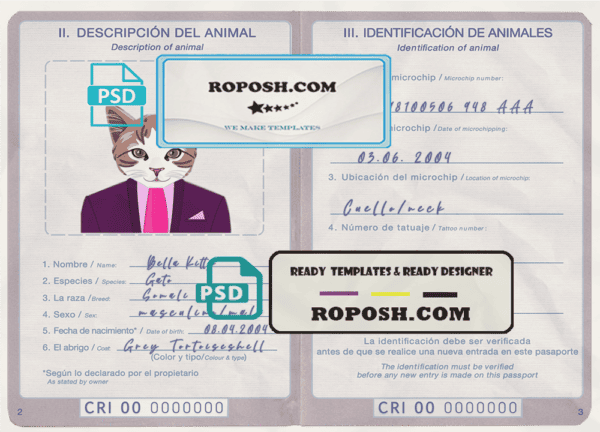 Costa Rica cat (animal, pet) passport PSD template, completely editable