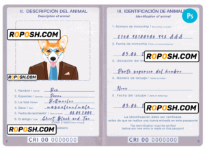 Costa Rica dog (animal, pet) passport PSD template, fully editable
