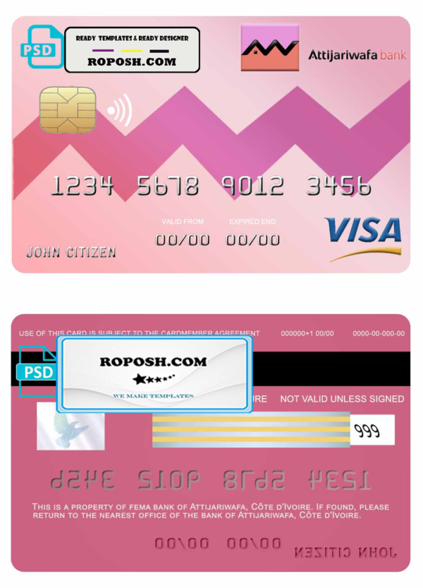 Côte d’Ivoire Attijariwafa visa credit card template in PSD format, fully editable