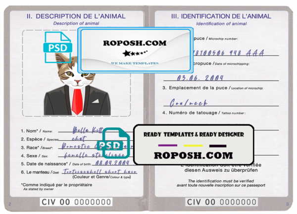 Côte d’Ivoire cat (animal, pet) passport PSD template, fully editable