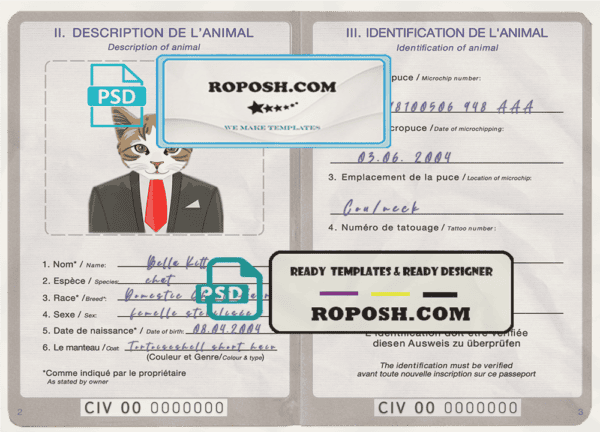 Côte d’Ivoire cat (animal, pet) passport PSD template, fully editable