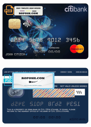 Côte d’Ivoire Citi bank mastercard credit card template in PSD format, fully editable