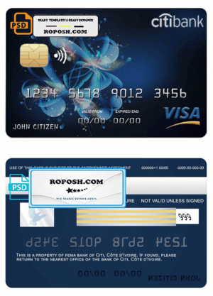 Côte d’Ivoire Citi bank visa credit card template in PSD format, fully editable