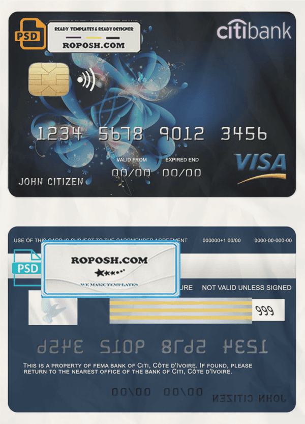 Côte d’Ivoire Citi bank visa credit card template in PSD format, fully editable