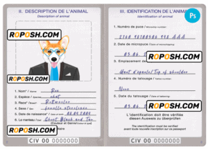 Côte d’Ivoire dog (animal, pet) passport PSD template, fully editable