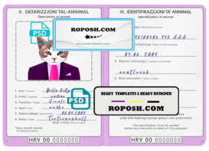 Croatia cat (animal, pet) passport PSD template, fully editable