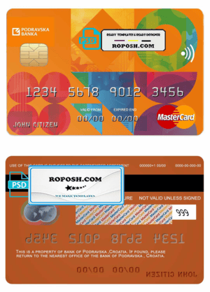 Croatia Podravska bank mastercard credit card template in PSD format, fully editable
