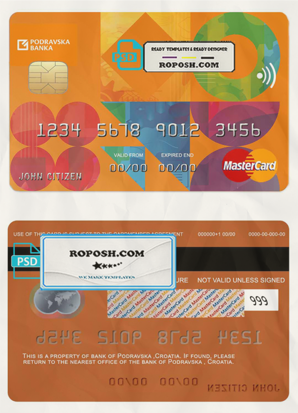 Croatia Podravska bank mastercard credit card template in PSD format, fully editable scan effect