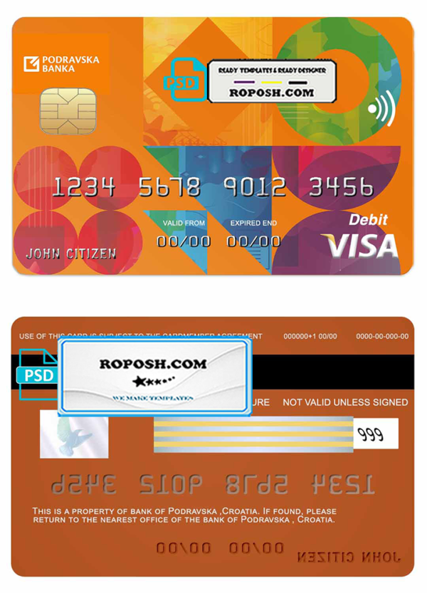Croatia Podravska bank visa credit card template in PSD format, fully editable