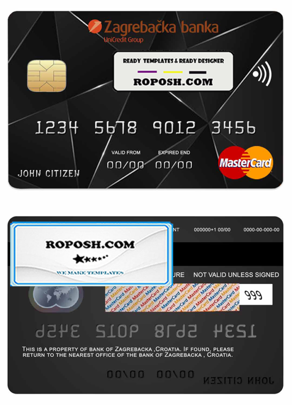 Croatia Zagrebacka bank mastercard credit card template in PSD format, fully editable