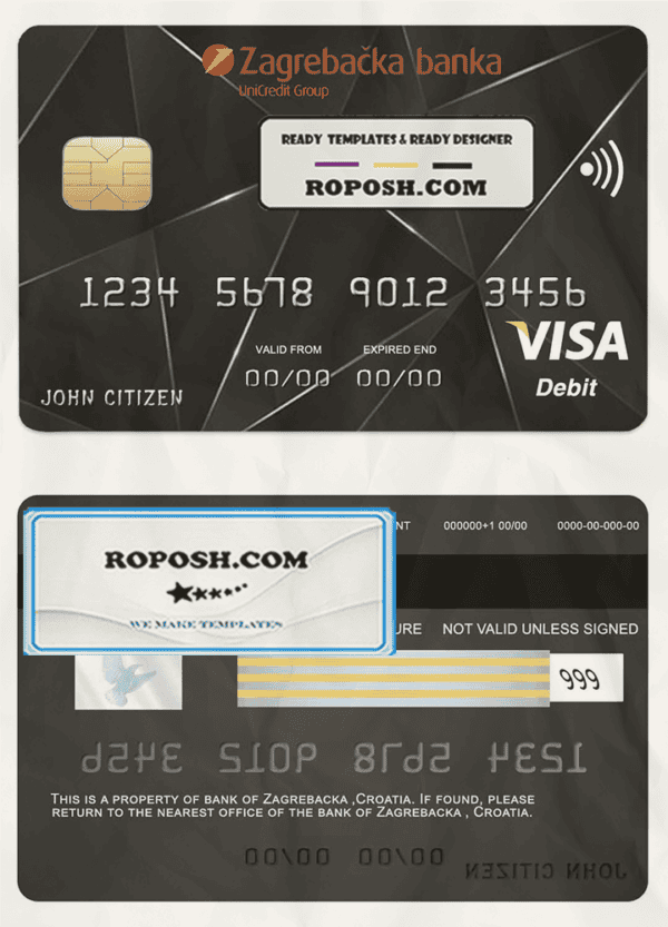 Croatia Zagrebacka bank visa credit card template in PSD format, fully editable