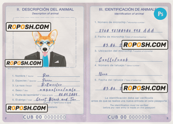 Cuba dog (animal, pet) passport PSD template, completely editable