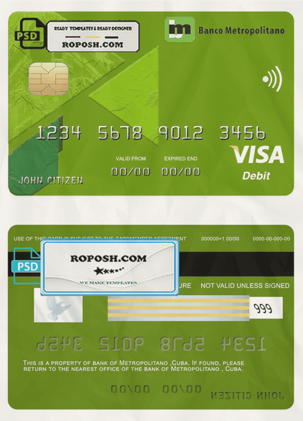 Cuba Metropolitan bank visa credit card template in PSD format, fully editable