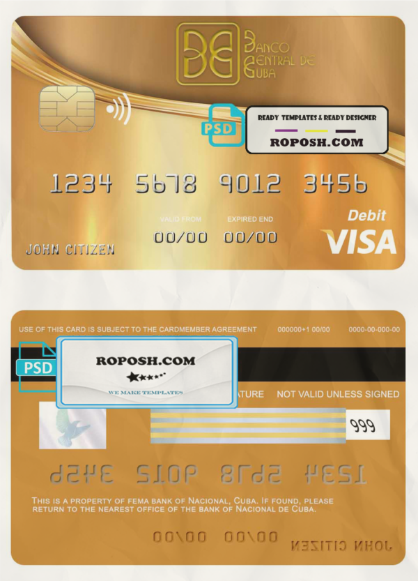 Cuba Nacional bank visa credit card template in PSD format, fully editable scan effect