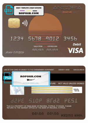 Cyprus Ancoria bank visa credit card template in PSD format, fully editable