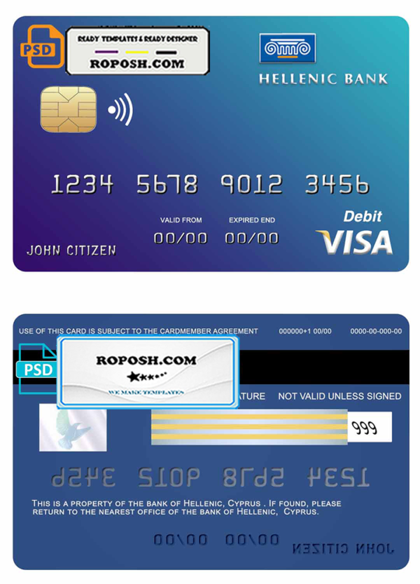 Cyprus Hellenic bank visa credit card template in PSD format, fully editable