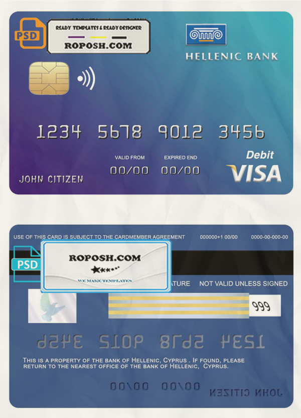 Cyprus Hellenic bank visa credit card template in PSD format, fully editable scan effect