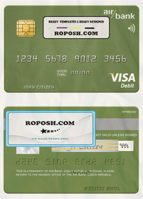 Czech Air Bank visa debit card template in PSD format scan effect