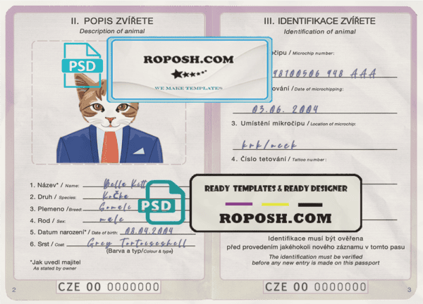Czech Republic cat (animal, pet) passport PSD template, fully editable