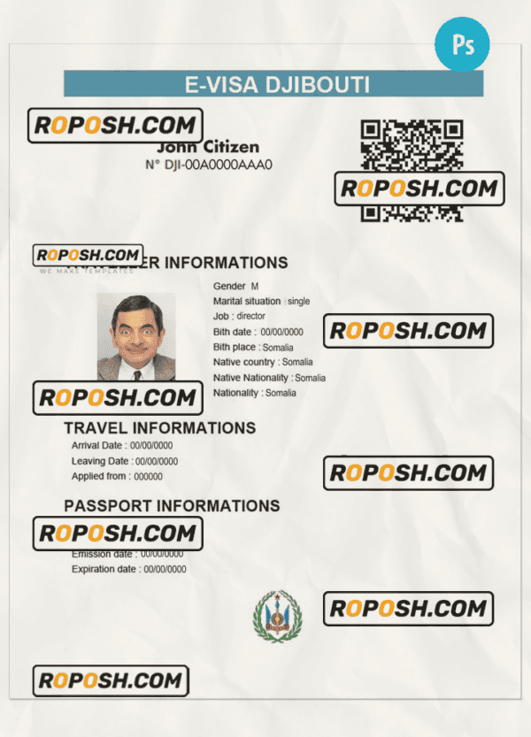 DJIBOUTI electronic travel visa PSD template, with fonts